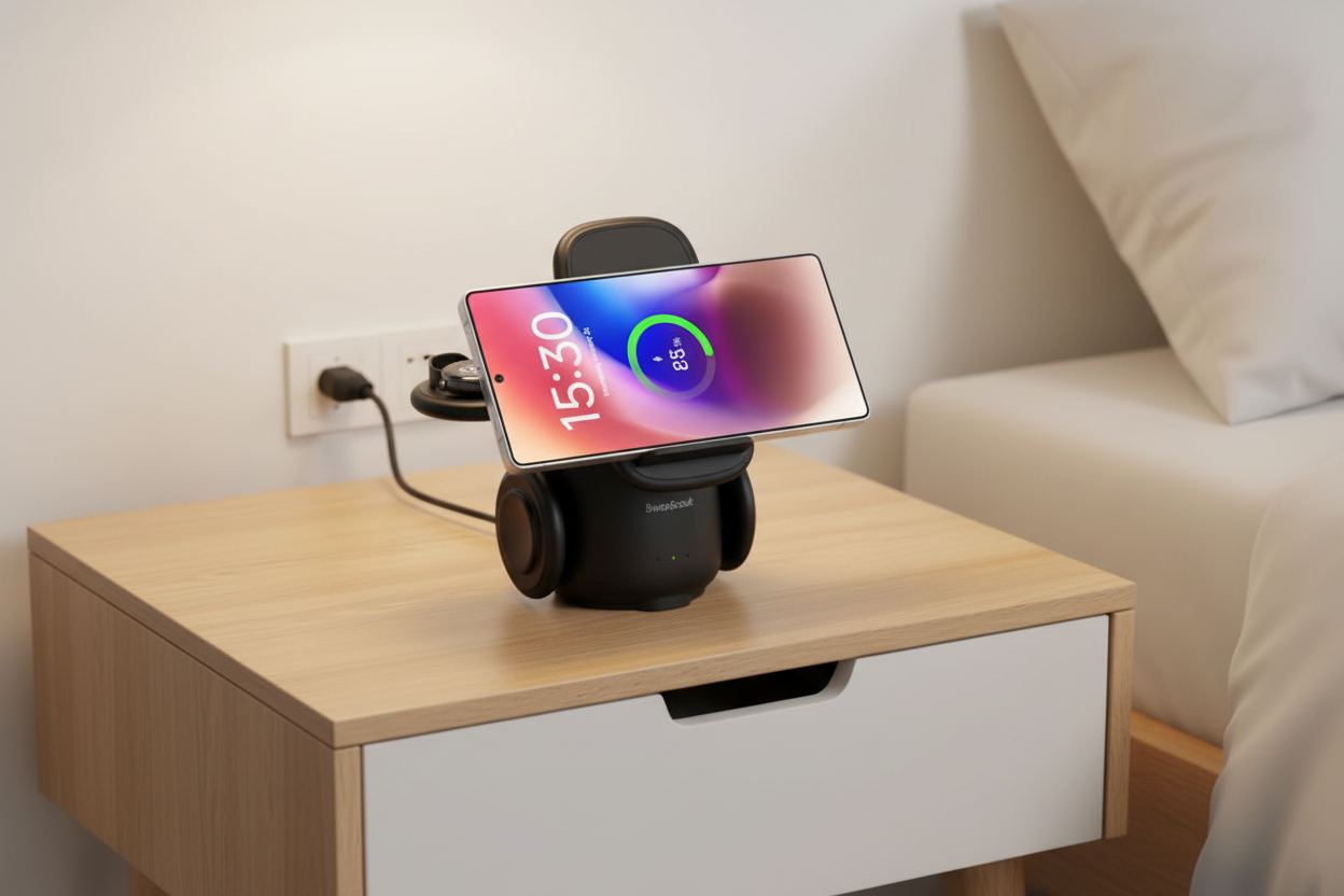 in 1 wireless charging station Samsung Galaxy S25 phone watch and buds on modern nightstand