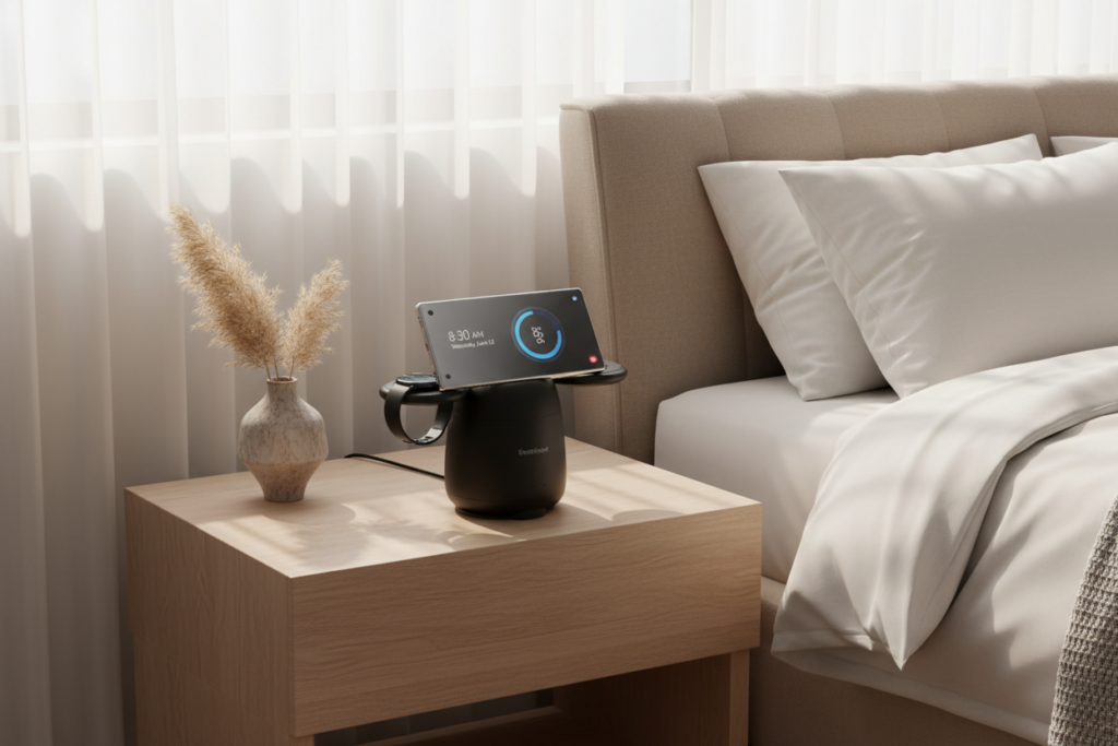 Best wireless charger Samsung Galaxy family phone watch buds charging on modern bedroom nightstand