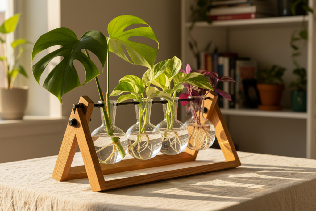 Handmade propagation station wood stand displaying healthy indoor plant cuttings