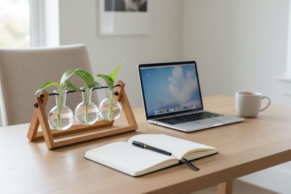 Office plant propagation station on desk with rooted cuttings and modern decor