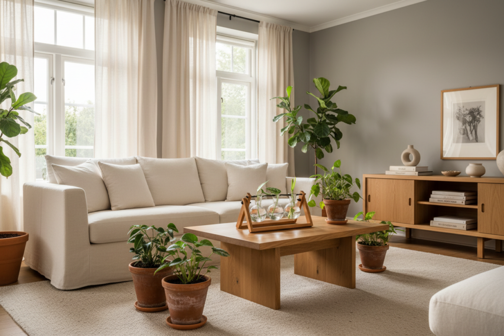 Propagation station decor styled in a luxury minimalist living room with indoor plants