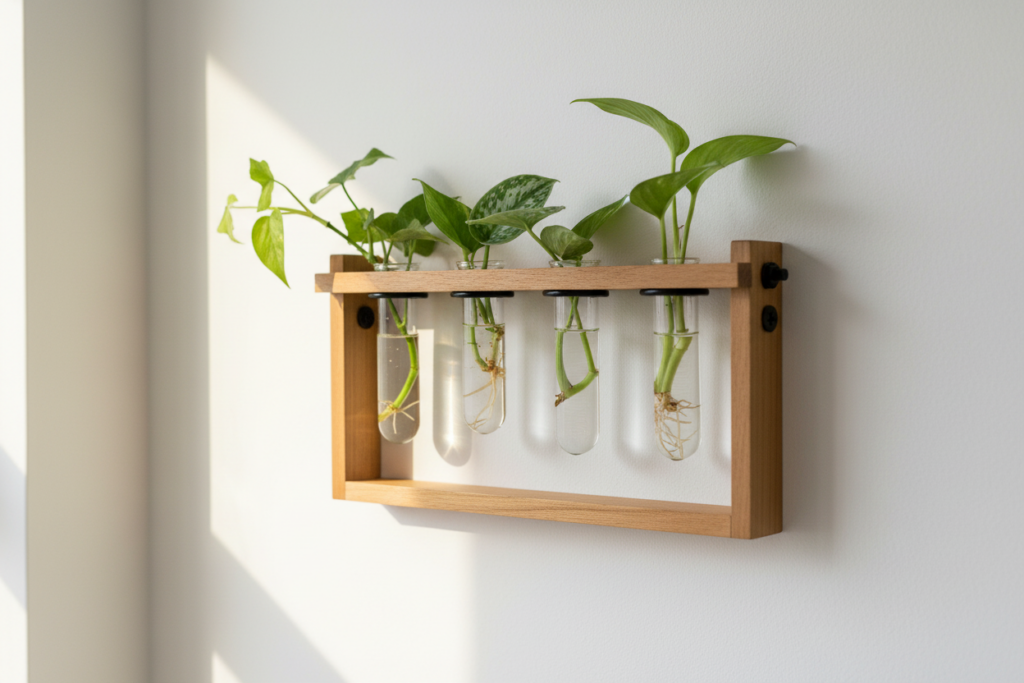 Plant Propagation Station Wall Hanging with healthy rooting cuttings in glass tubes