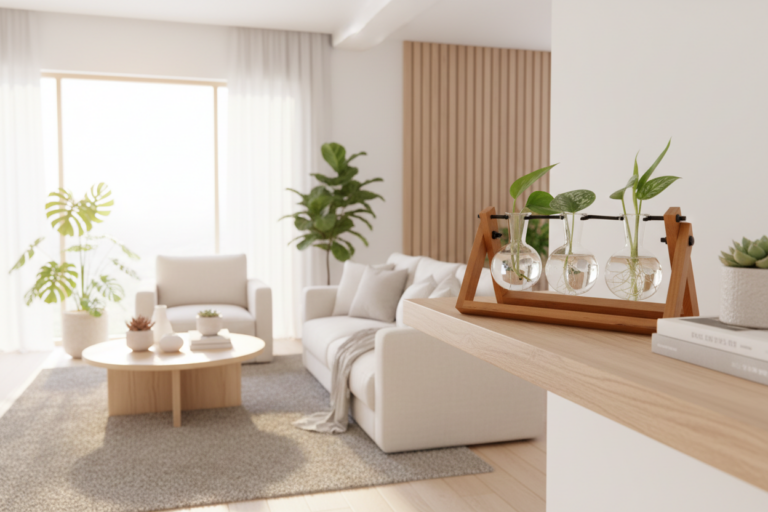 Wooden Propagation Station with glass tubes and plant cuttings in a modern Nordic-inspired living room