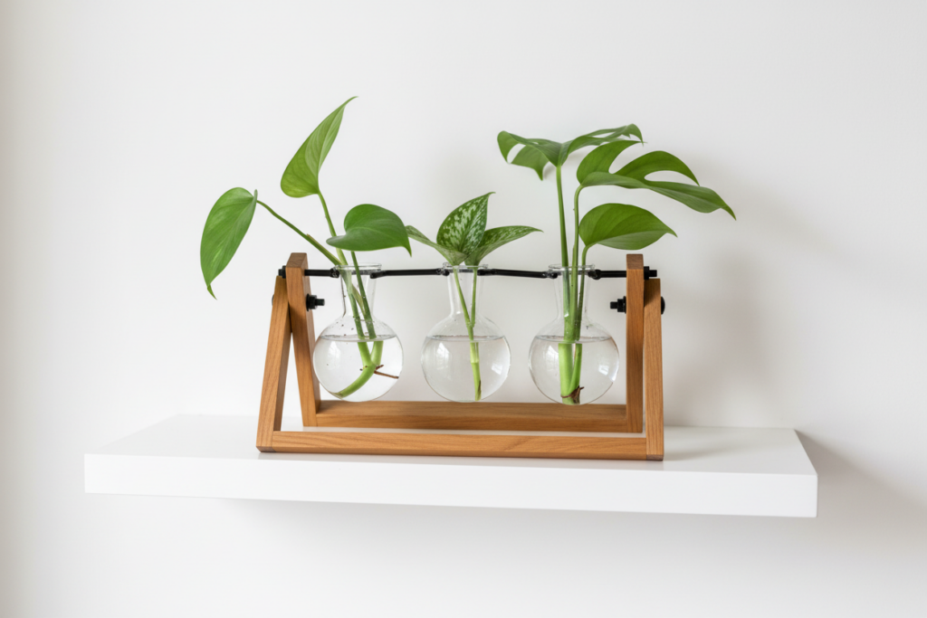 Wooden Propagation Station with glass tubes in a modern Nordic-inspired living room