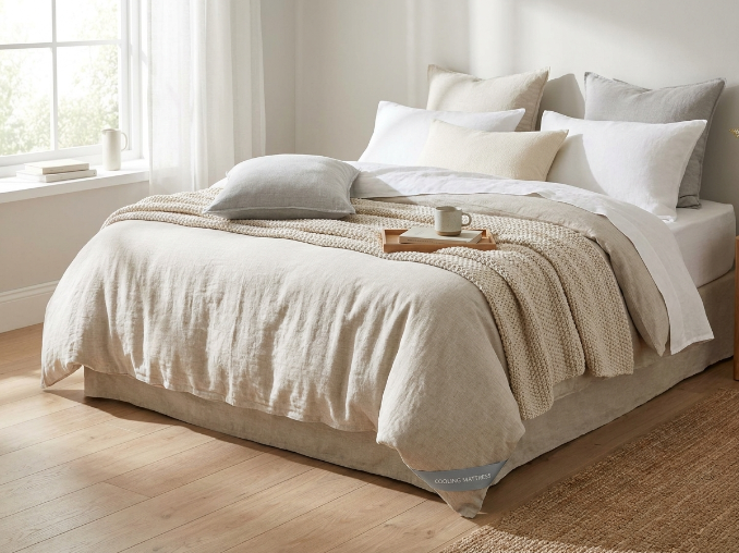 King size 12 inch mattress styled in modern minimalist bedroom decor