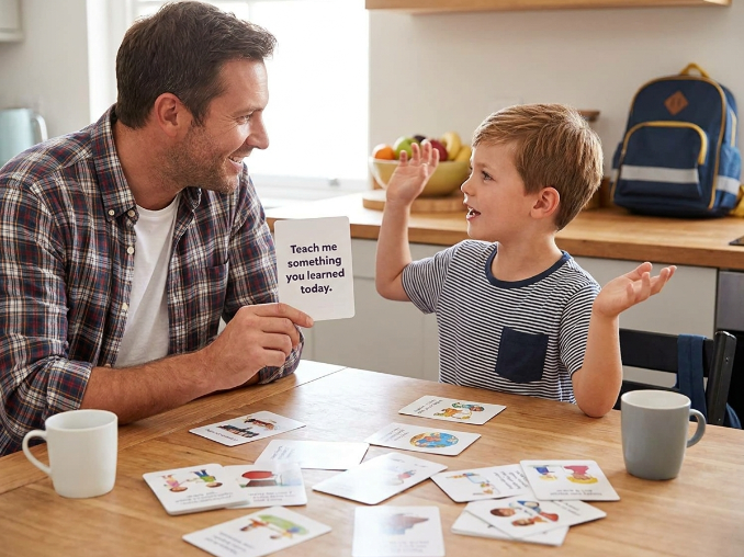 father and son bonding activity kit cards at kitchen table