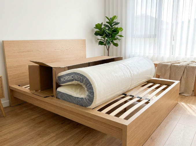 King bed in a box cooling gel mattress unboxing on minimalist bed frame